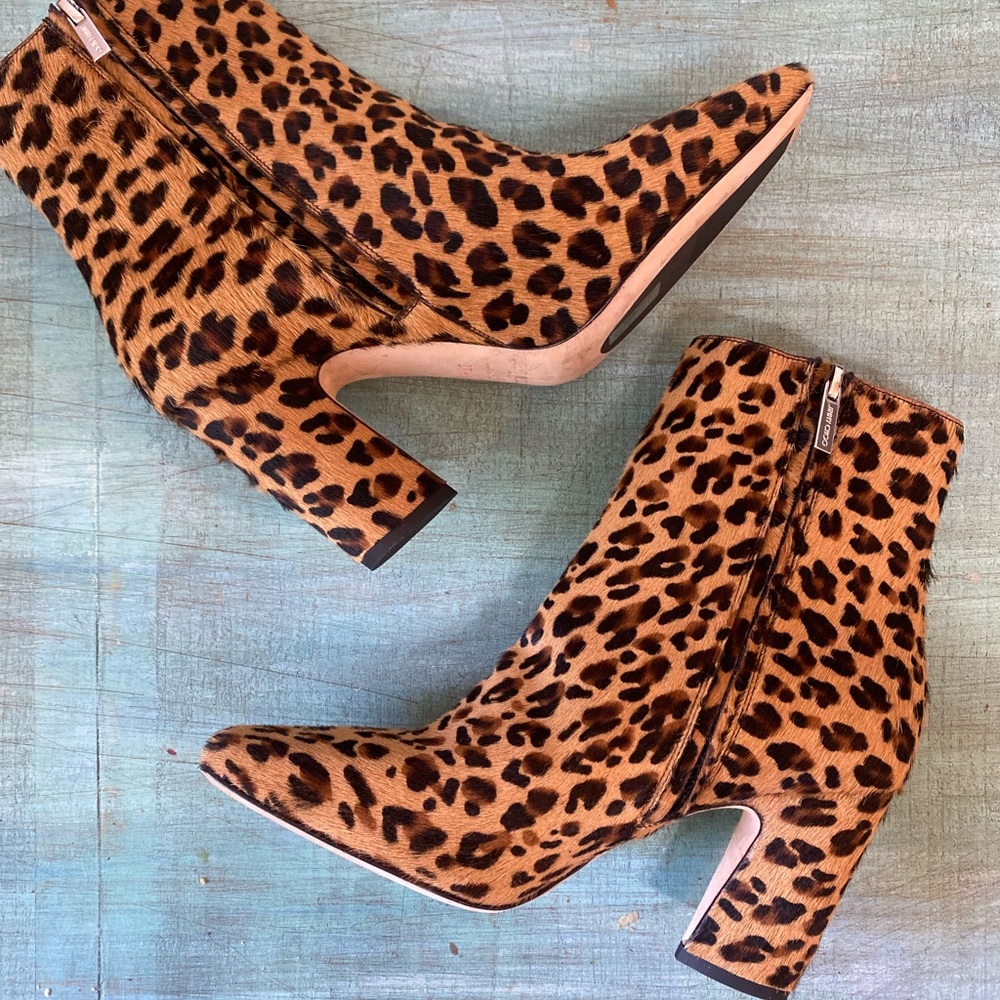 JIMMY CHOO MIRREN CARAMEL LEOPARD PRINT CALF HAIR LEATHER ANKLE BOOTS, SIZE 7.5